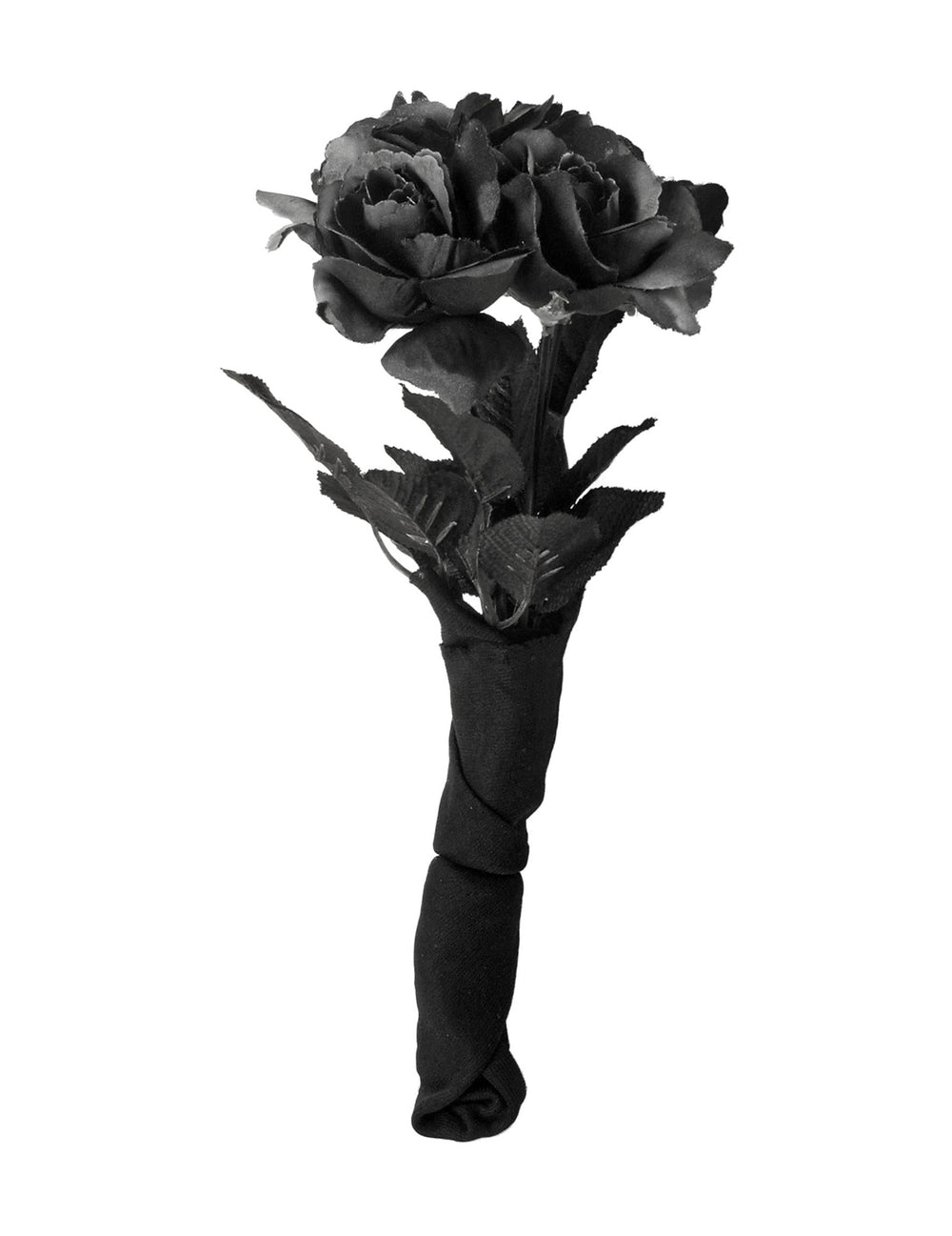 Détail du manche en tissu noir du bouquet de roses pour décoration d'Halloween