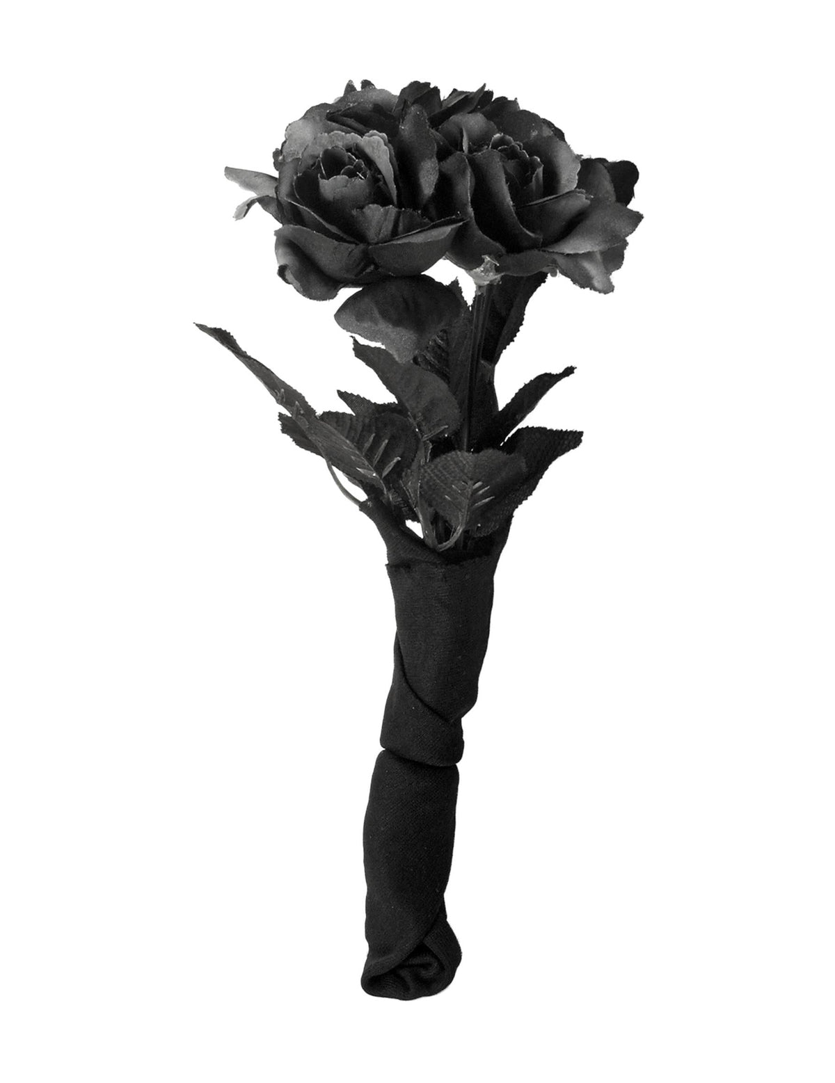 Détail du manche en tissu noir du bouquet de roses pour décoration d'Halloween