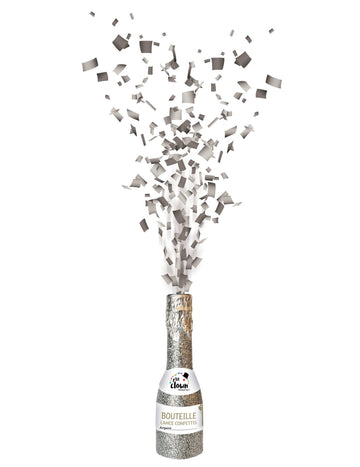 Bouteille argentée canon à confettis 16 cm