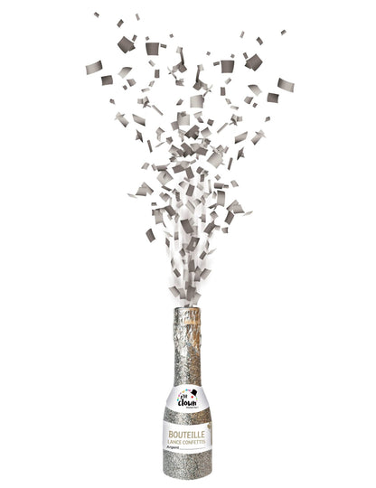 Bouteille canon à confettis pour fête argentée