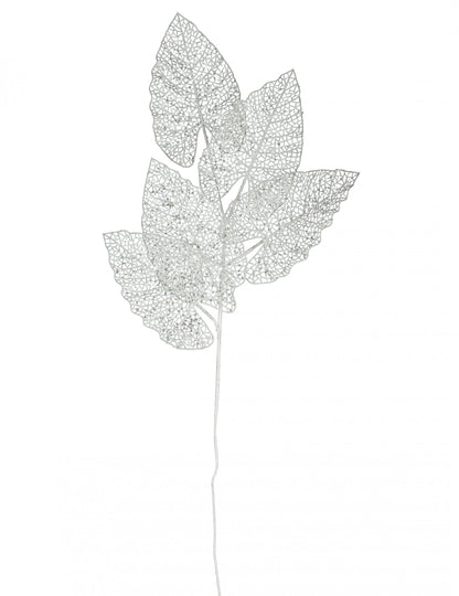 Branche décorative 5 feuilles pour fête blanche pailletée