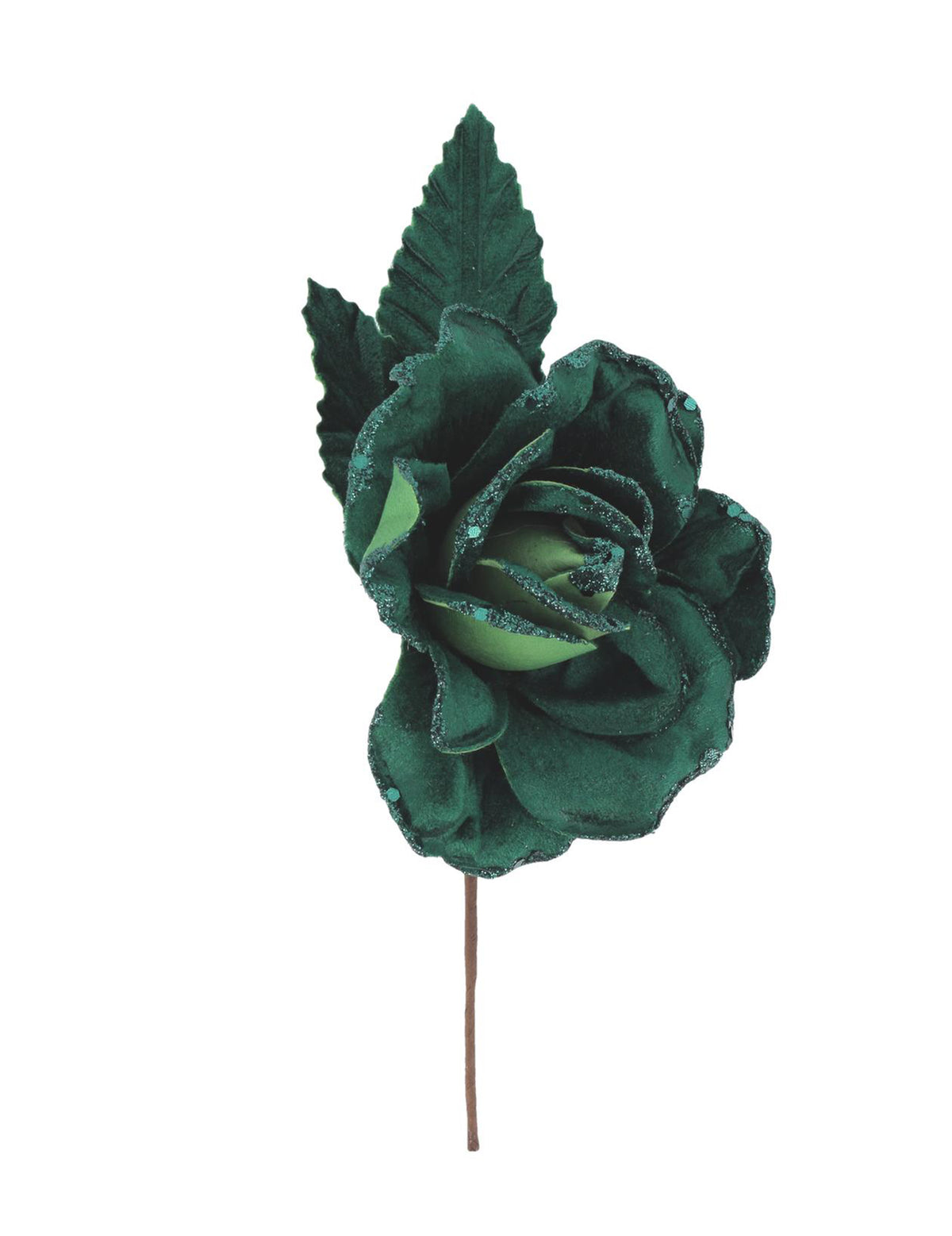 Branche de rose velours pailleté vert foncé 21 cm