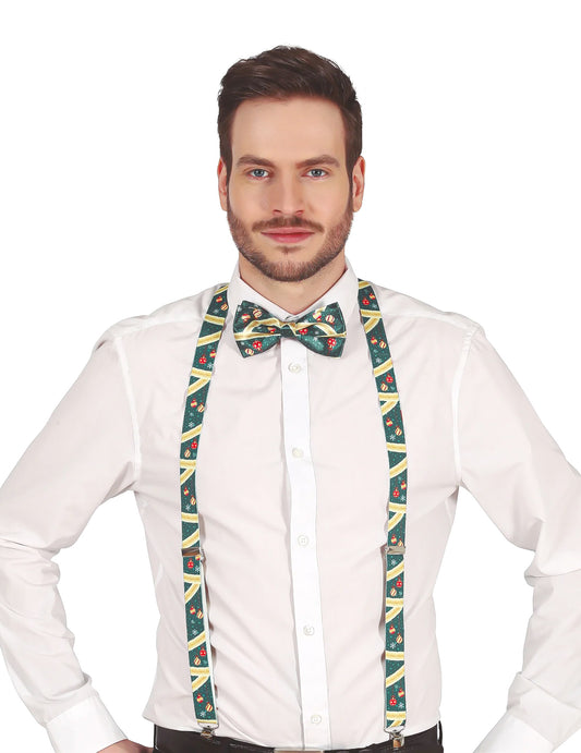 Bretelles de Noël pour adulte vertes avec motifs festifs et nœud papillon assorti