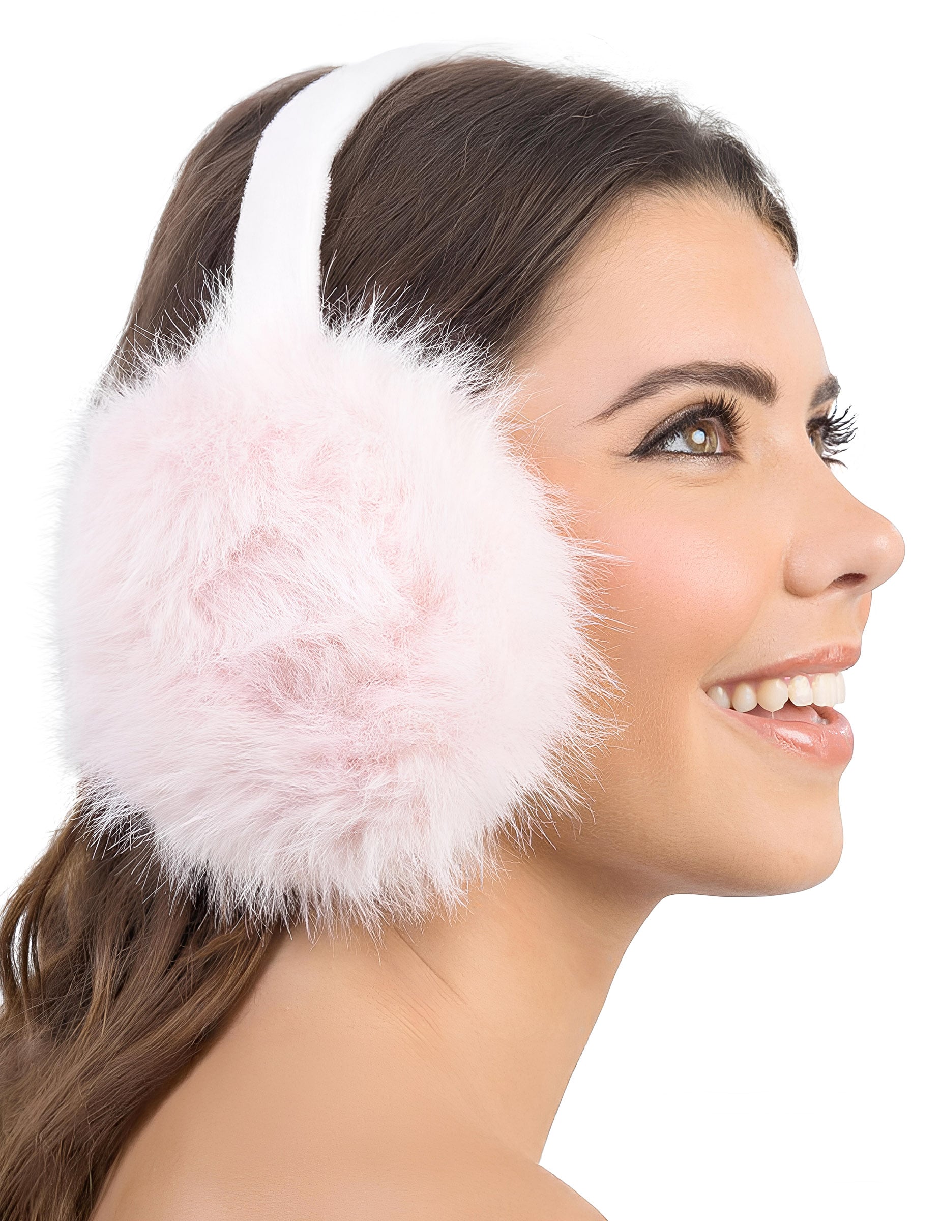 Vue de profil du cache-oreille fausse fourrure pour femme rose pâle