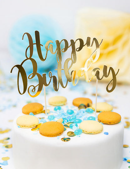 Металик златист картонен топ за торта "Честит рожден ден", 22,5 см cm за шикозна декорация