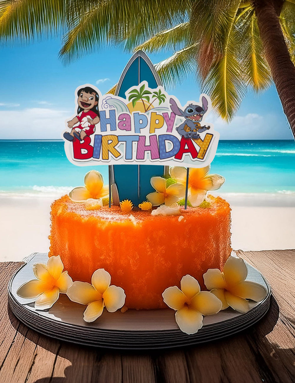 Vue en situation sur un gâteau du cake topper Happy Birthday Stitch