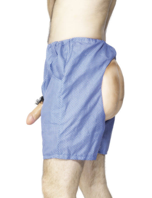 Caleçon humoristique pour adulte bleu à pois blancs avec fesses et membre factices