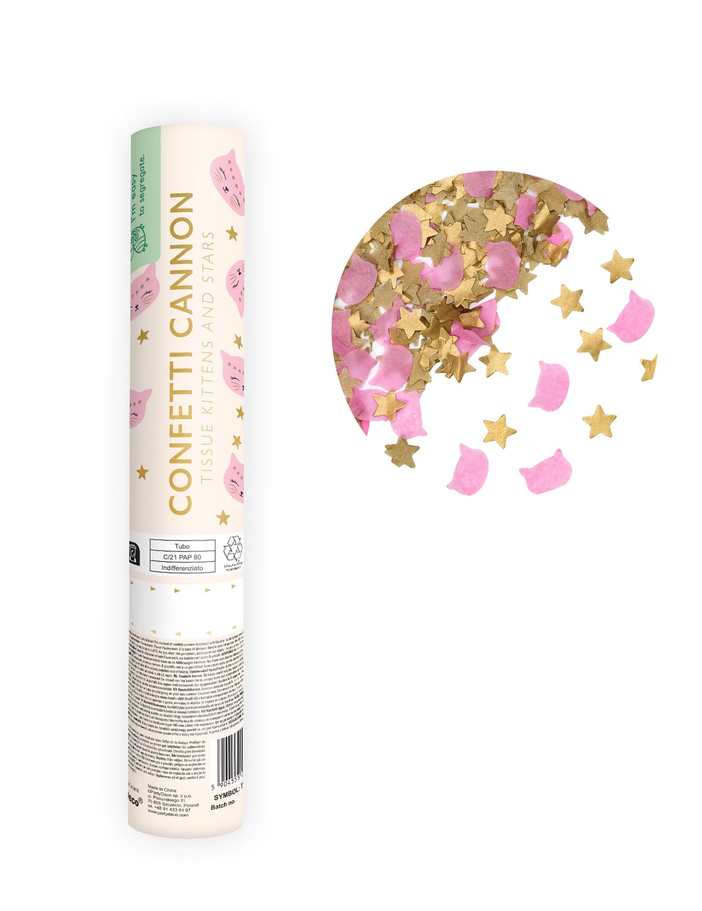 Canon à confettis en papier étoiles et chat rose et doré