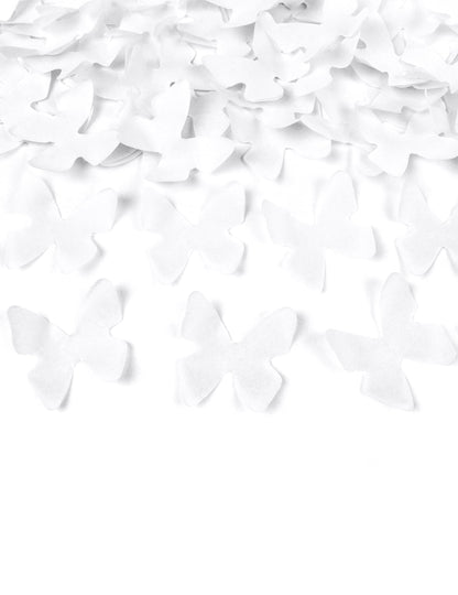 Détail des confettis en forme de papillons du canon à confettis papillons blancs
