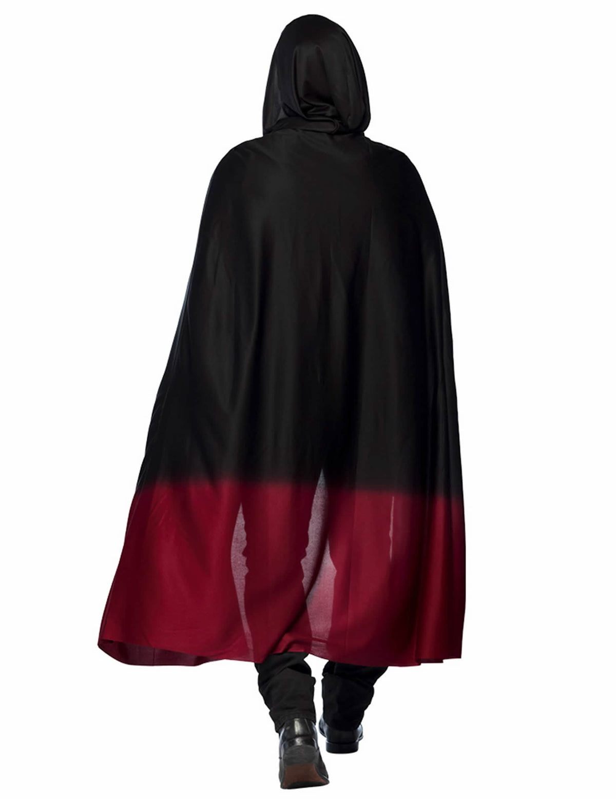 Изглед отзад на черен cape halloween за възрастен с червен градиент