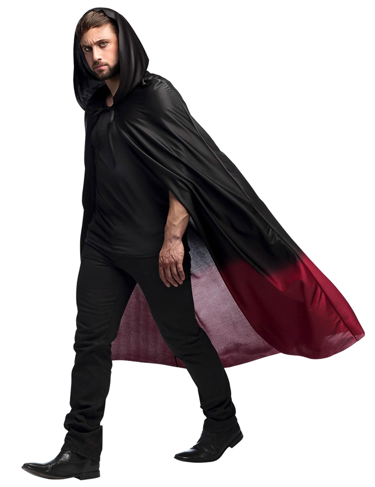 Тримесен изглед на черната cape halloween за възрастен с червен градиент
