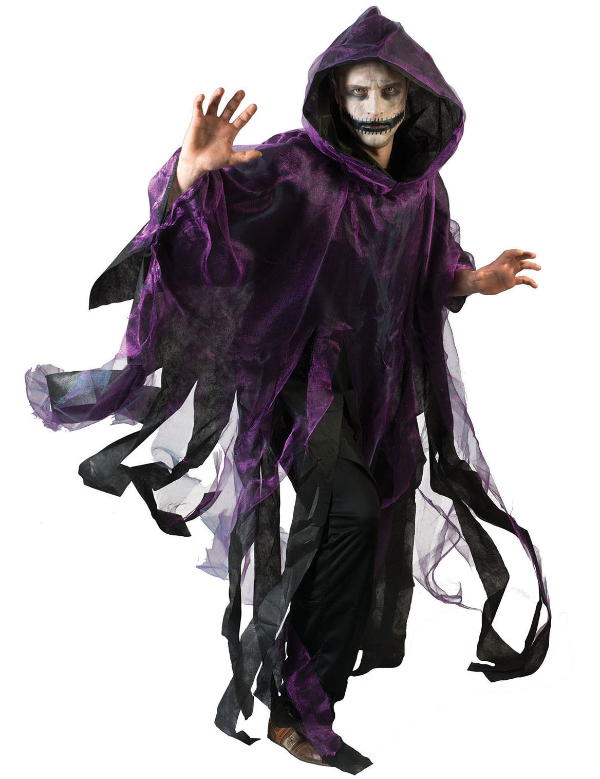 Cape Halloween pour adulte violette et noire à capuche et bords en lambeaux