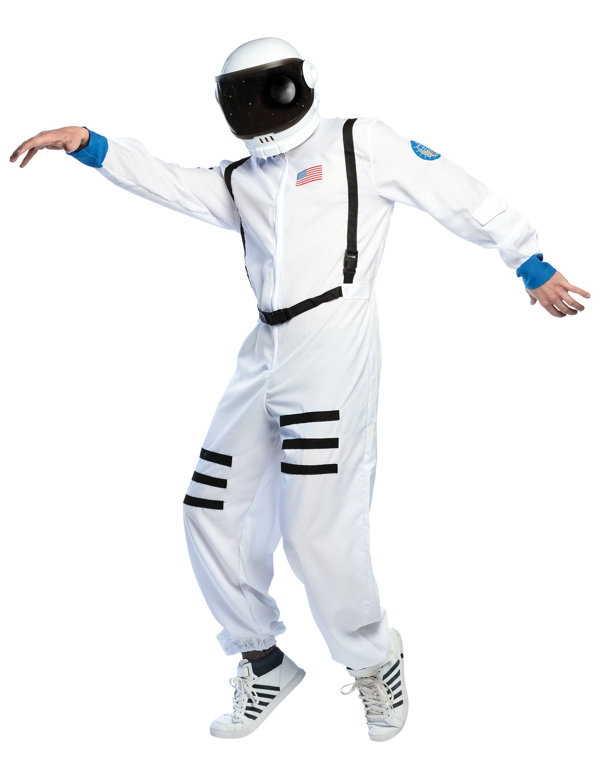 Vue d'ensemble du casque astronaute pour adulte porté avec une combinaison spatiale