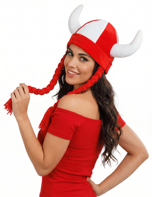 Casque en tissu avec cornes et tresses supporter blanc et rouge