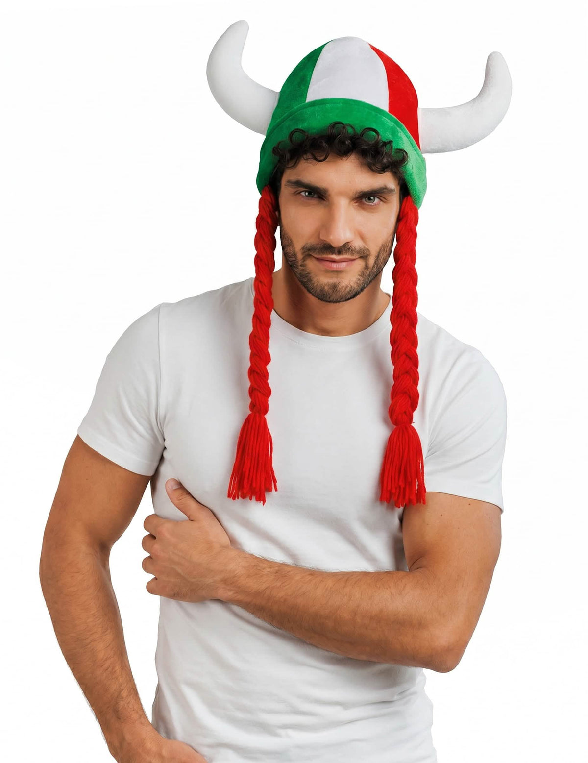 Casque en tissu avec cornes et tresses supporter vert blanc rouge Italie