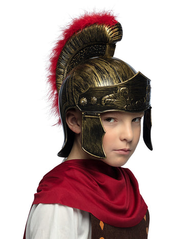 Casque soldat Romain pour enfant doré avec plume rouge