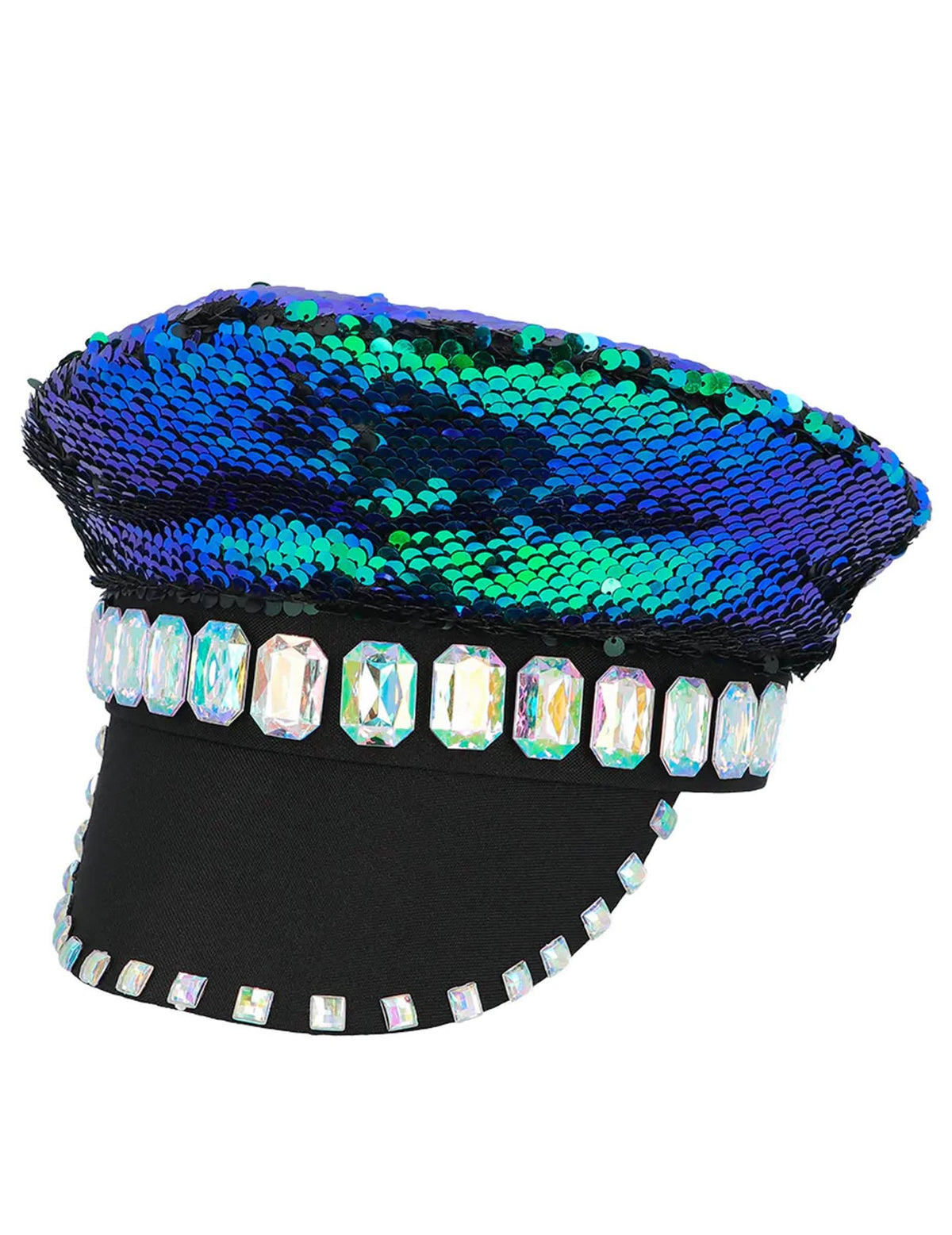 Vue de profil de la casquette à sequins réversibles noir et vert bleuté pour adulte