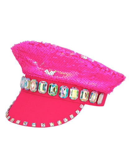 Vue de profil de la casquette à sequins réversibles pour adulte rose fluo