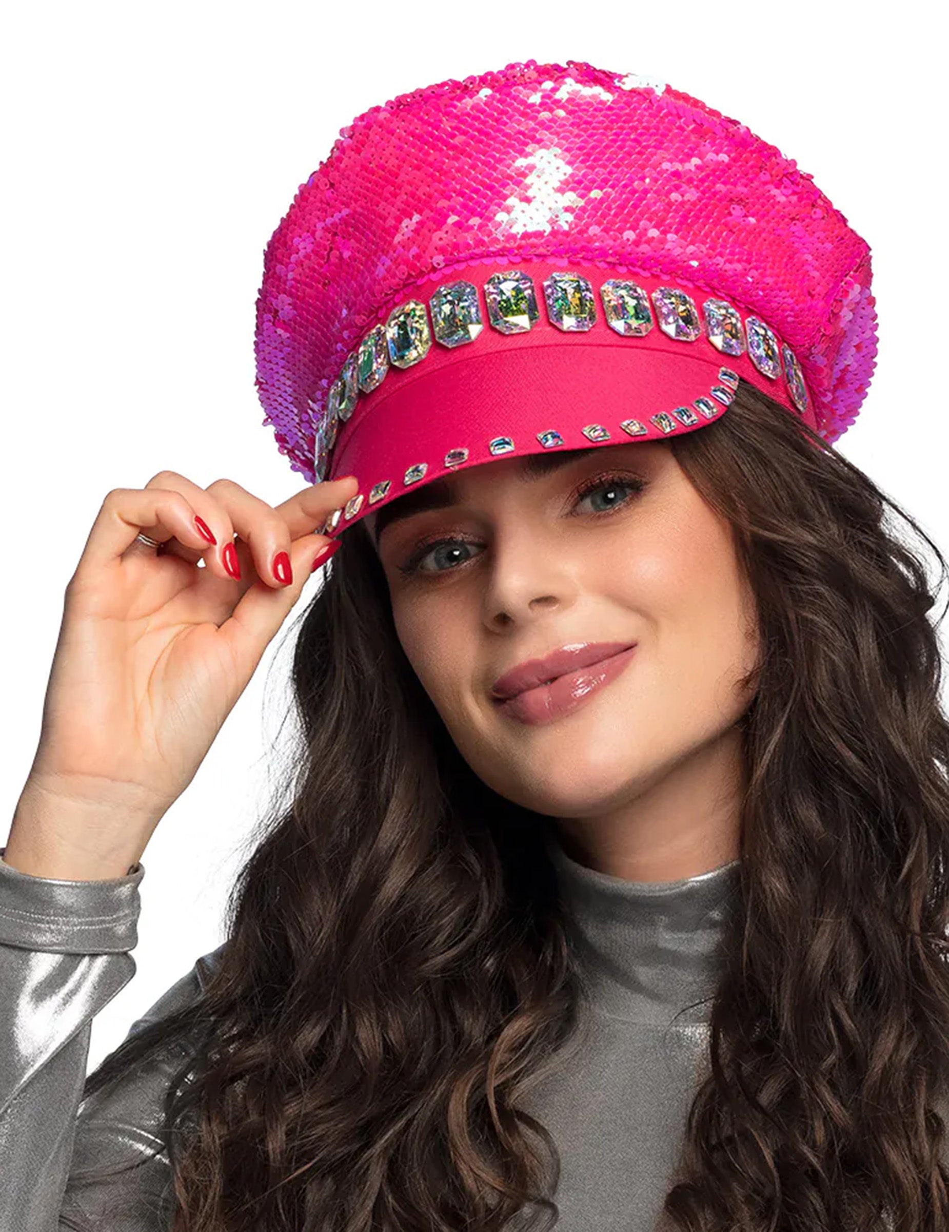 Vue de face de la casquette à sequins réversibles pour adulte rose fluo