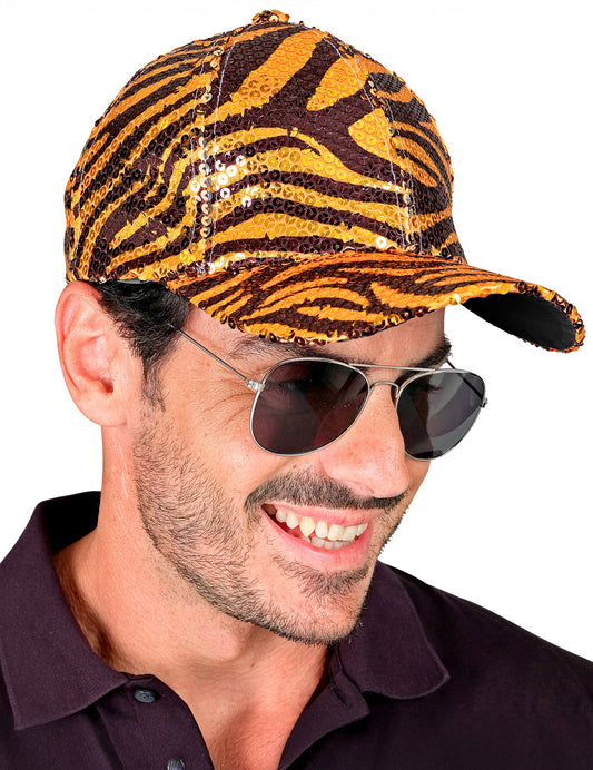Vue de profil de la casquette à sequins tigrée