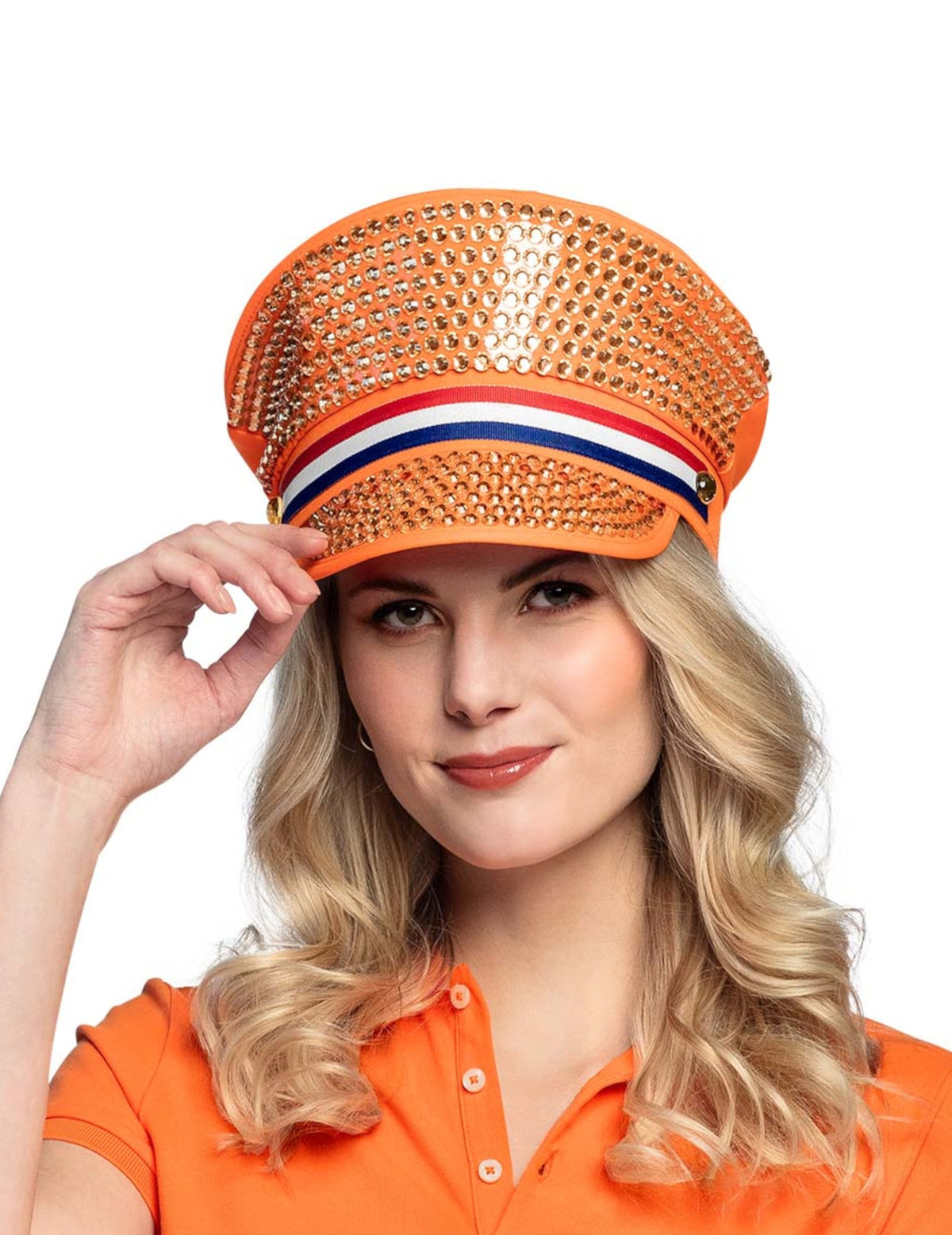 Casquette à strass Hollande pour adulte orange avec ruban bleu blanc rouge