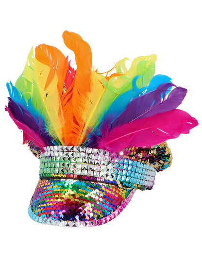 Шапка с дъгови цветове, пайети и пера (размер за възрастни)