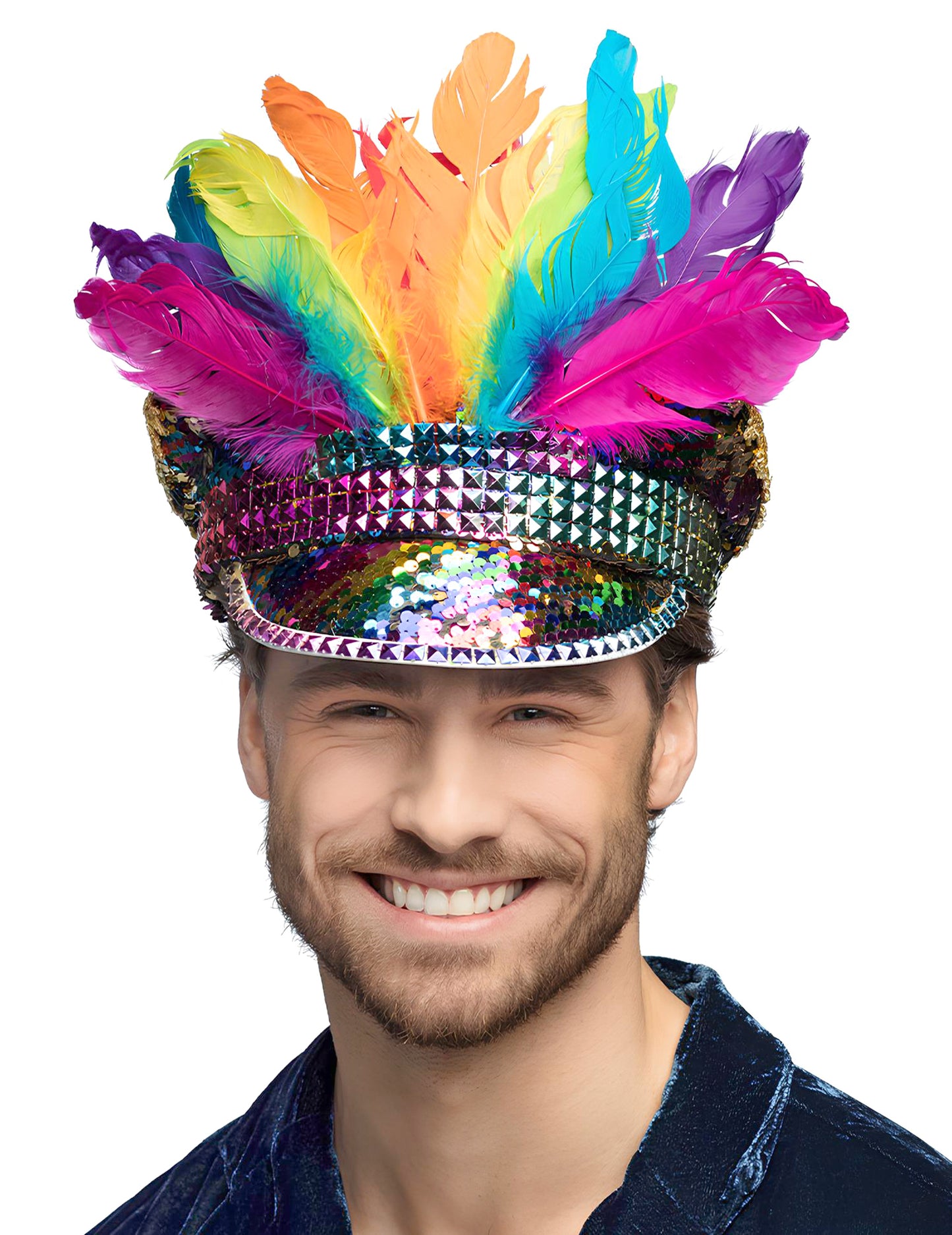 Шапка с дъгови цветове, пайети и пера (размер за възрастни)