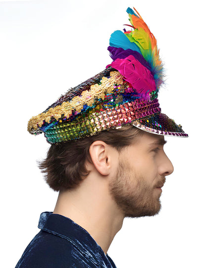 Шапка с дъгови цветове, пайети и пера (размер за възрастни)