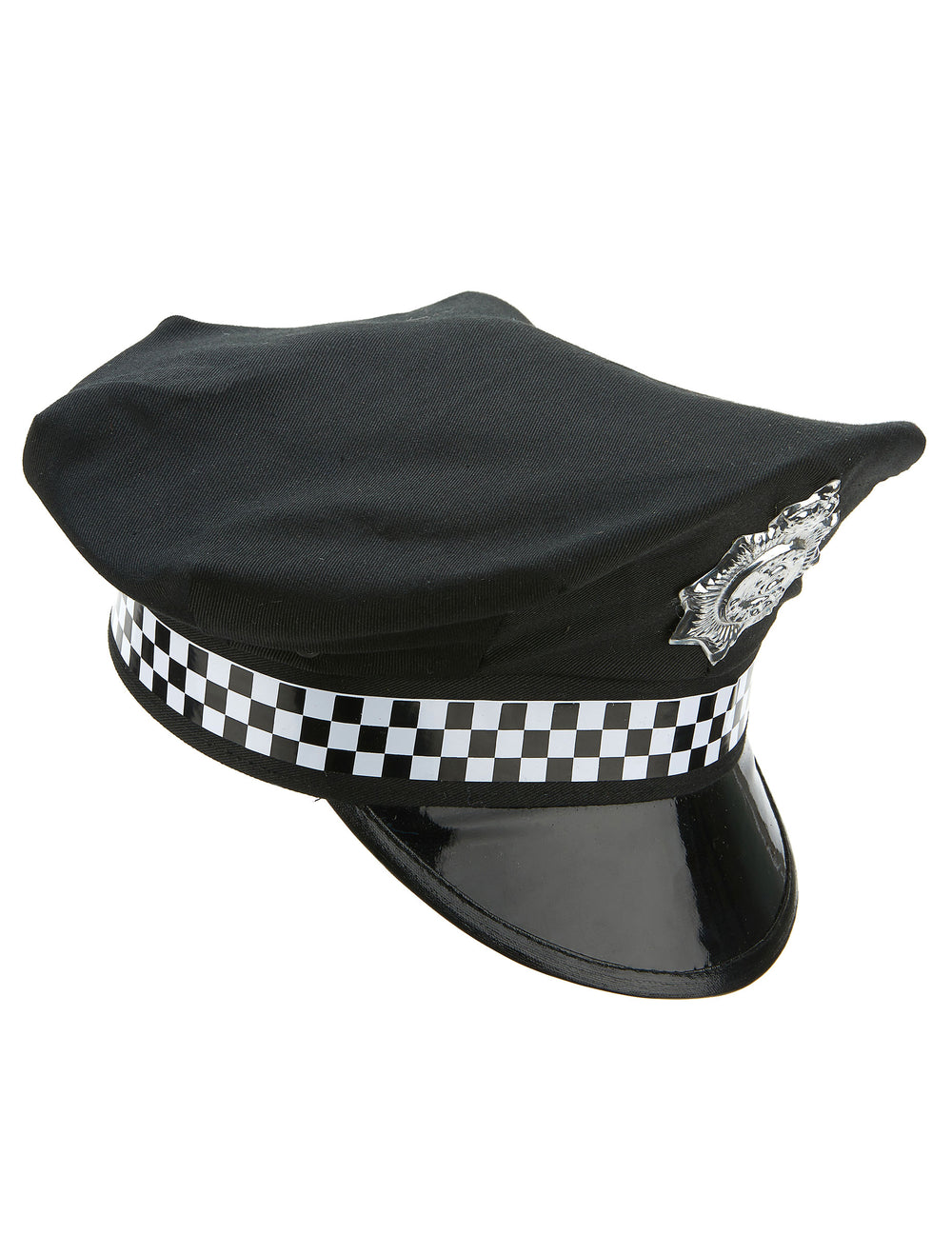 Casquette policier anglais pour adulte noir avec bandeau à damier et insigne argenté