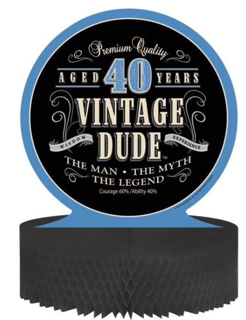 Център за маса от хартия с перфорация за рожден ден Vintage 40 години за мъже в синьо и черно