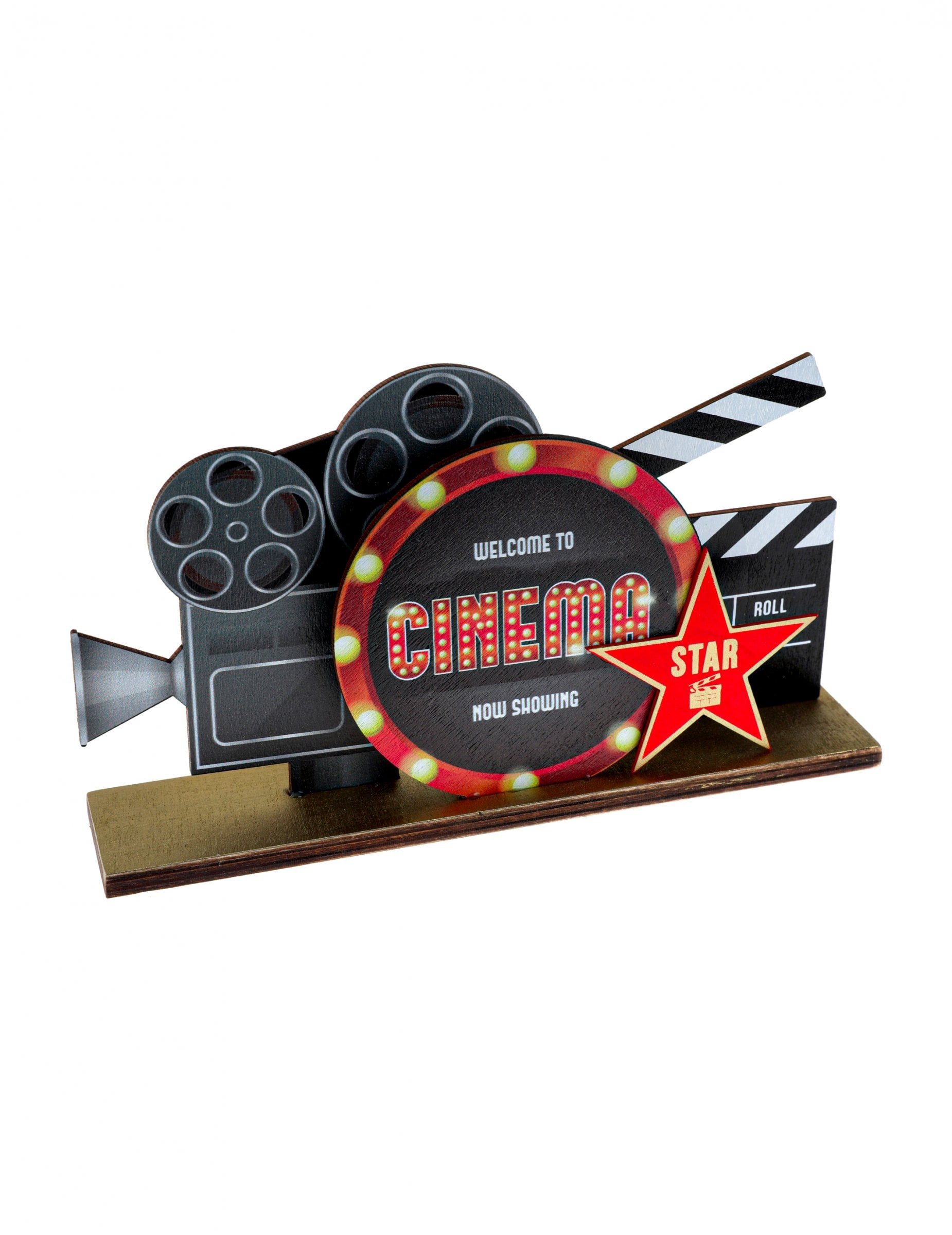 Centre de table en bois Hollywood pour fête noir et rouge avec caméra et clap de cinéma