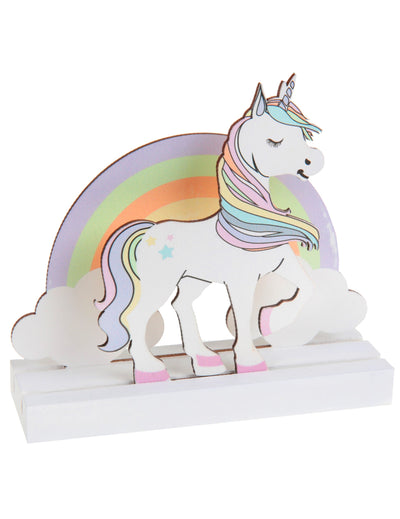 Centre de table en bois licorne arc-en-ciel et nuages pastel