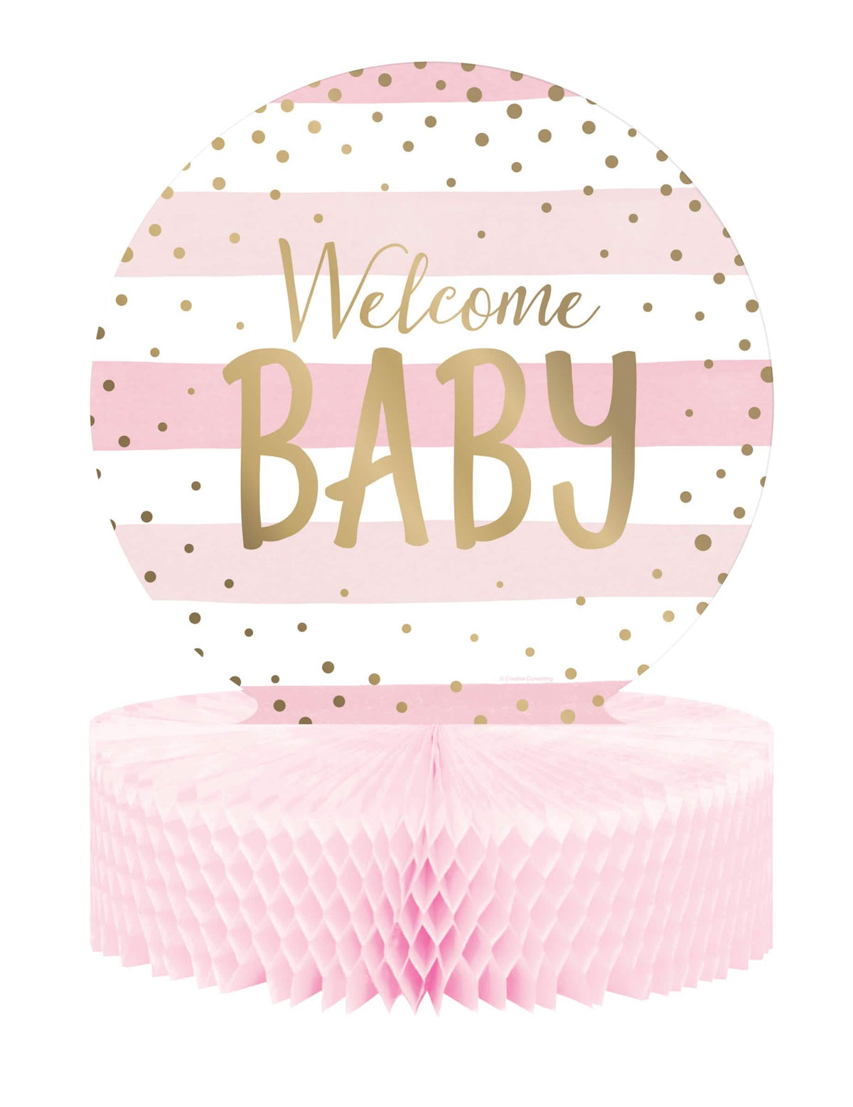 Поставка за маса от клетъчна хартия Welcome Baby за бейби шауър, розова и бяла с златни точки