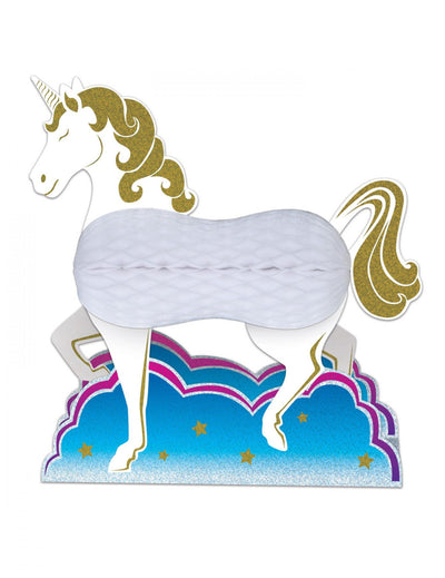 Centre de table en papier licorne pour enfant blanche et dorée avec corps alvéolé et nuage bleu
