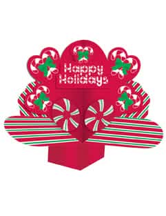Централен елемент за маса коледа Happy Holidays за празнична декорация червен и зелен с мотиви на захарни пръчки