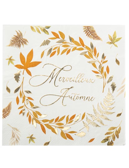 Serviettes Merveilleux Automne pour décoration de table blanches avec motifs de feuilles dorées et orange