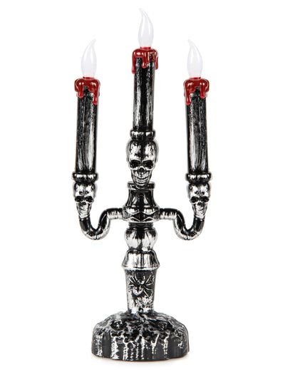 Chandelier à 3 branches LED Halloween pour décoration argent et noir avec têtes de mort et cire rouge