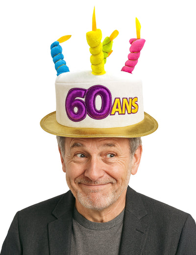 Chapeau gâteau 60 ans pour adulte blanc avec bougies multicolores