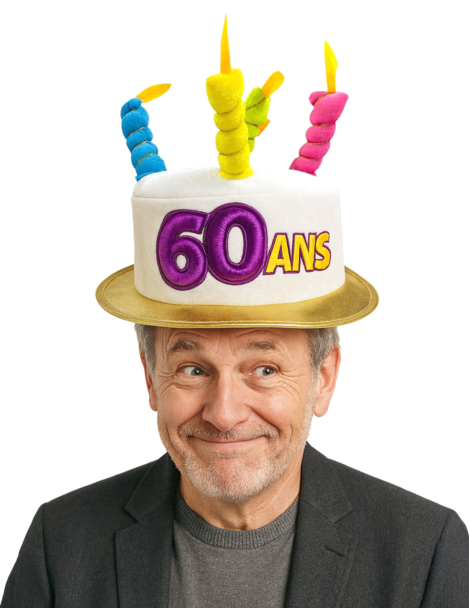 Chapeau gâteau 60 ans pour adulte blanc avec bougies multicolores