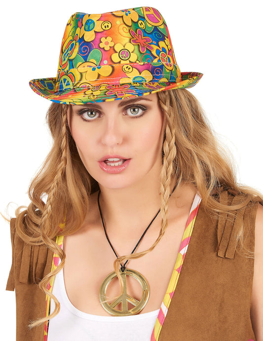 Chapeau borsalino hippie à fleurs pour adulte multicolore
