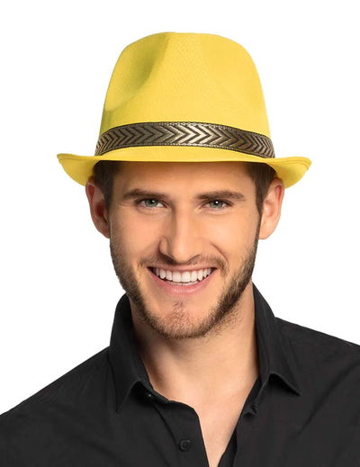Chapeau borsalino trilby pour adulte jaune avec ruban à motifs chevrons