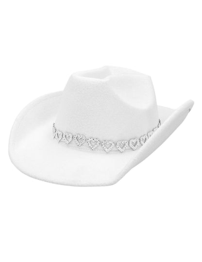 Бял каубойска шапка с блестящи сърца за възрастни 