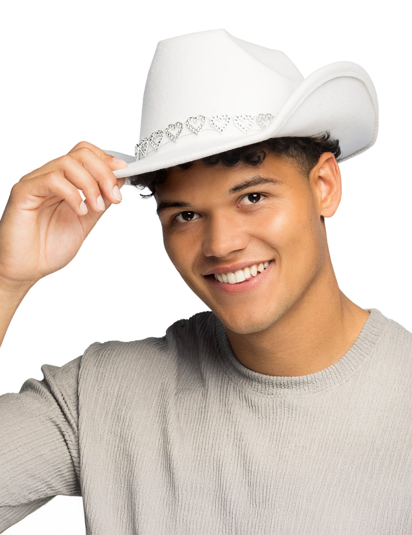 Бял каубойска шапка с блестящи сърца за възрастни 