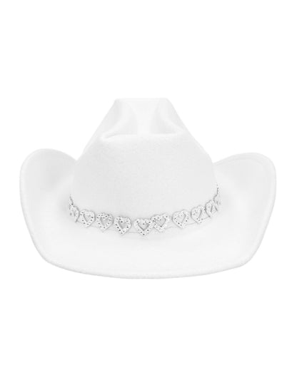Бял каубойска шапка с блестящи сърца за възрастни 
