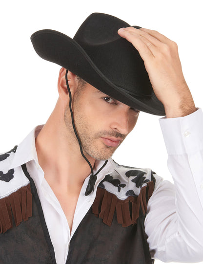 Chapeau de cowboy pour adulte noir avec cordelette