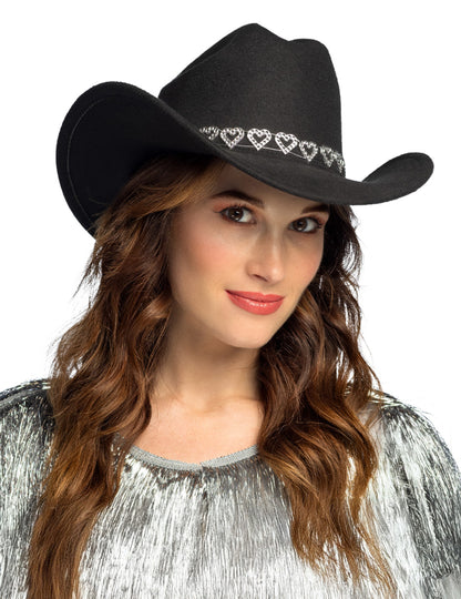 Черна каубойска шапка с блестящи сърца за възрастни 