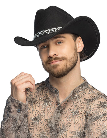Черна каубойска шапка с блестящи сърца за възрастни 
