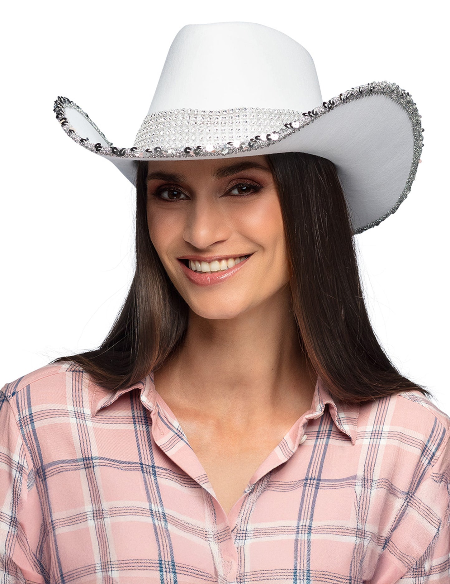 Бяла каубойска шапка за възрастни с кристали