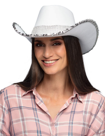 Бяла каубойска шапка за възрастни с кристали