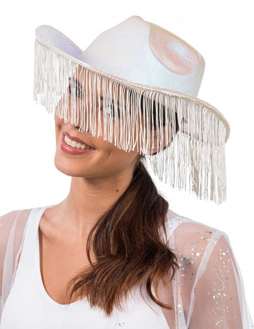 Бяла преливаща се каубойска шапка с ресни за възрастни